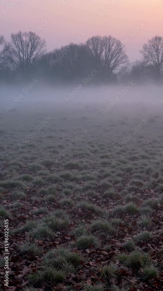Poster fog covering grass field at dawn with trees in background