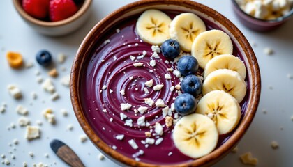 acai bowl with banana slices, coconut flakes, healthy antioxidant boost