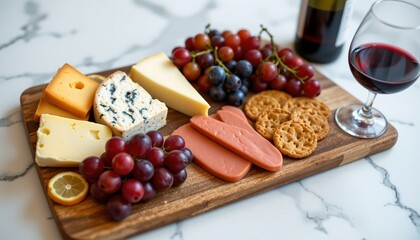 cheese board with varieties, grapes, crackers, wine pairing setup