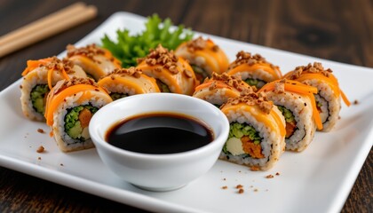 sushi rolls arranged artfully, soy sauce dip, japanese delicacy