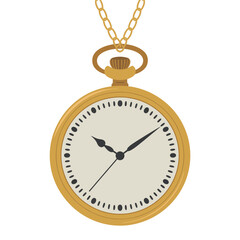Classic gold pocket watch with chain on white background