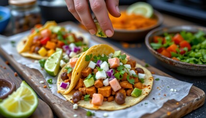 taco assembly with fresh toppings, lime squeeze, mexican street food