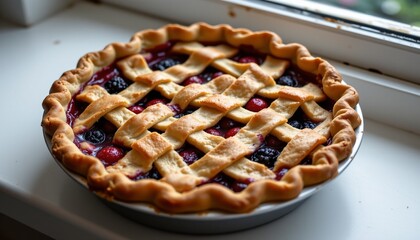 berry pie cooling on windowsill, lattice crust, summer harvest