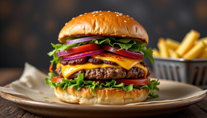gourmet burger stack with veggies, cheese melt, fast casual appeal