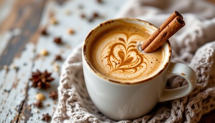 pumpkin spice latte in mug, cinnamon stick, fall favorite
