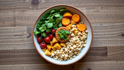 grain bowl with rice, veggies, protein, balanced nutrition