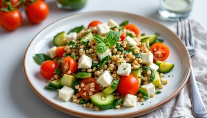 quinoa salad with feta, cucumber, tomatoes, mediterranean health