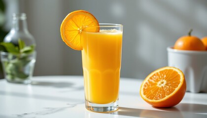 fresh squeezed orange juice in glass, pulp visible, vitamin boost