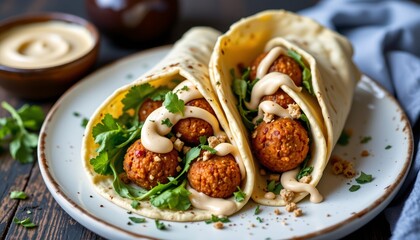 falafel wraps with tahini sauce, fresh herbs, middle eastern street