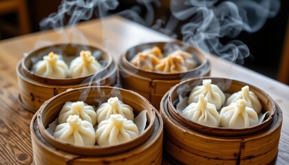 dim sum baskets steaming, dumplings inside, chinese variety