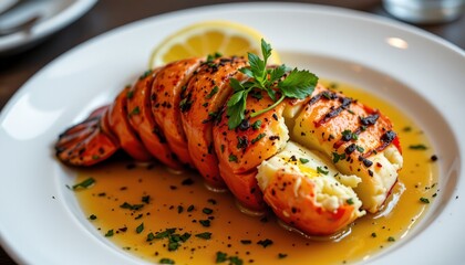 lobster tail grilled with butter, lemon garnish, luxury seafood