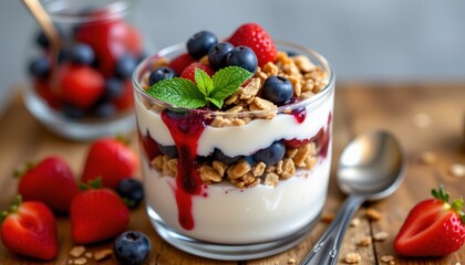 berry compote over yogurt, granola sprinkle, layered parfait