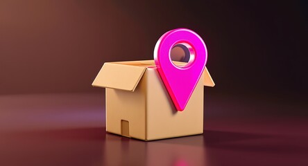 3D Render of a Cardboard Box with Location Pin  Delivery Concept