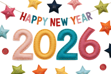 Happy New Year 2026 Decoration Colorful Celebration Banner Star Garland Festive Holiday Joy on transparent background