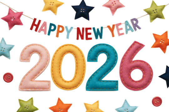 Happy New Year 2026 Decoration Colorful Celebration Banner Star Garland Festive Holiday Joy on transparent background