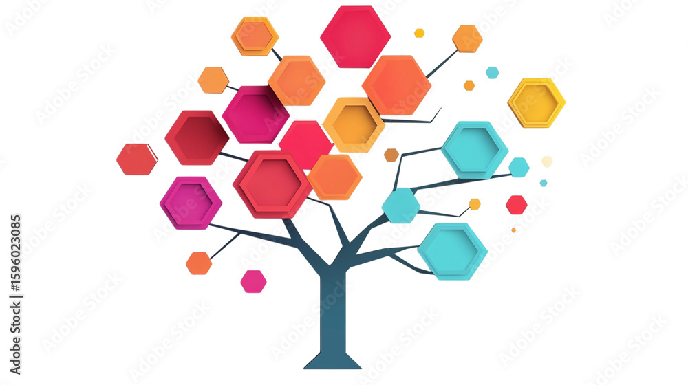 Poster infographic template. abstract tree with hexagons and 5 steps isolated on transparent background