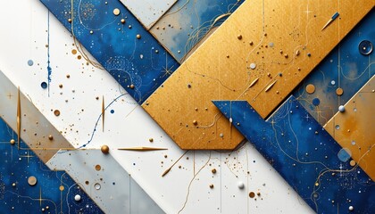 abstract geometric shapes in metallic gold and blue, minimalist composition, textured grains