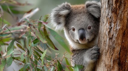 Fototapeta premium Cute koala peeking from behind a eucalyptus tree in a natural habitat.