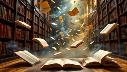 floating books in library void, pages turning magically, knowledge dream
