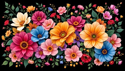 maximalist floral overload on black background, vibrant chaos