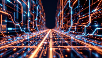 abstract metallic grid with light pulses, futuristic network