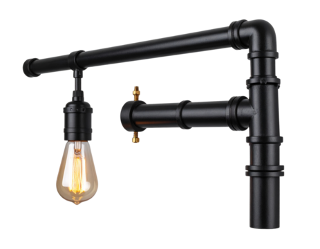 Industrial Pipe-Style Wall Light with Exposed Bulb, Side Profile, Transparent Background