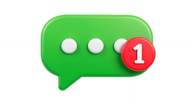 3D Render of Green Speech Bubble with One New Message Notification Icon