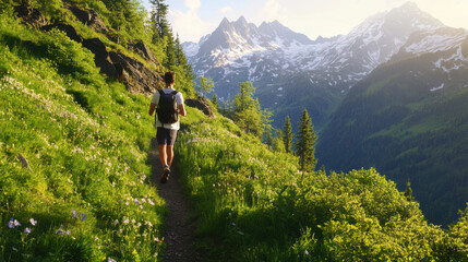 Cinematic adventure shot of a solo traveler hiking a narrow mountain trail with alpine wildflowers, dense forest, and snow-capped rocky peaks in the distance.