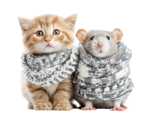 Cute kitten gray rat matching scarf animal friendship cozy isolated transparency background adorable pet winter