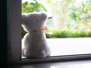 Teddy bear sitting in home, symbols child abuse violence sad domestic kid fear grief emotion sorrow...