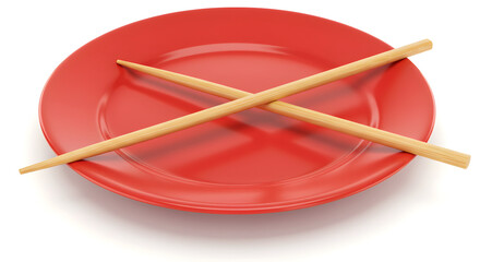 A simple red plate with chopsticks laying on top, ready for a delicious Asian meal, perfect for restaurant menus or food blogs.