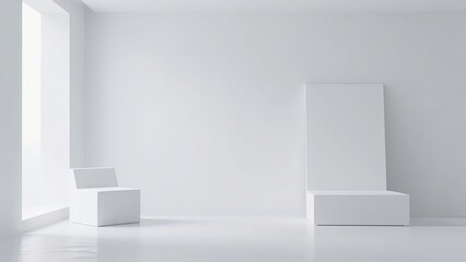 Minimalist White Room with Seating and Blank Canvas