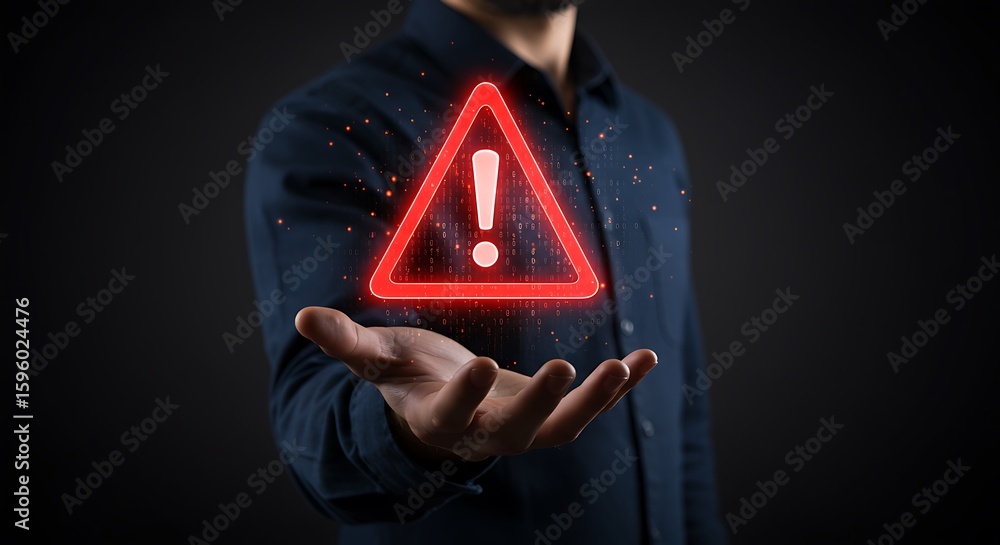 Poster glowing red warning triangle with exclamation mark over open palm