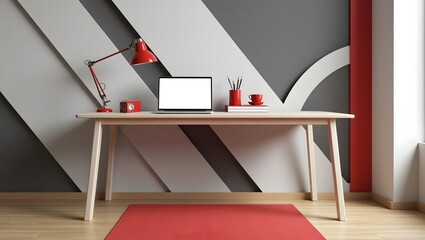 A workspace with a laptop on a desk, illuminated by a stylish red lamp.