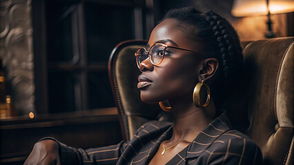 A focused young Black woman in stylish glasses sits thoughtfully, looking up, against a large monitor displaying vivid financial charts and stock market data. The scene suggests a modern office enviro