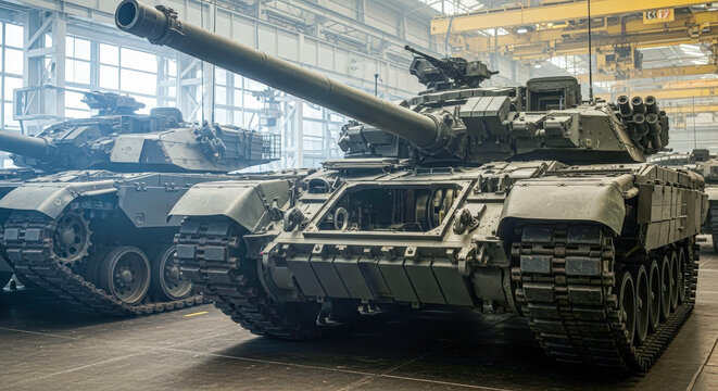 Military tank in an assembly plant or industrial facility. Army vehicle production for national defense.