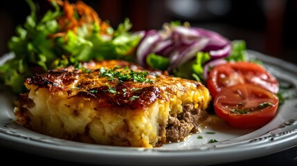 Chilean Pastel de Choclo with Ground Meat, Sweet Corn Crust and Sides of Salad and Corn perfect for food documentaries, South American restaurant branding, heritage cookbooks and cultural recipe blogs
