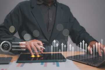 Professional Business Analysis Financial Data Chart Tablet Stylus, Laptop ROI Focus, Depicting Growth Learning Business Success