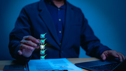 Professional Blue Suit Completes Digital Checklist Hand Reaching Completion Gradient Workspace, Focused To-Do List Management Laptop