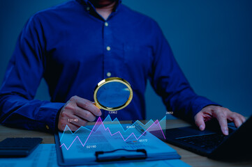 Professional Data Analysis Expert Blue Shirt Examines Financial Chart Magnifying Glass, Utilizing Calculator Enterprise Index Hedge Fund Insights