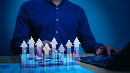 Blue Laptop Analysis Professional ROI Improvement Presented Upward Gradient Arrows, Document Focus, Showcasing Growth Dim, Modern Work Environment