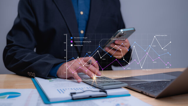 Business Professional Conducting Financial Analysis, Presenting Unique Insights Laptop Smartphone, Showcasing Expertise Corporate Data Learning Analysis Through Digital Graphs