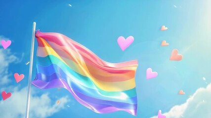 Gay pride rainbow flag flying against blue sky with clouds and rainbow hearts in the background. - Powered by Adobe