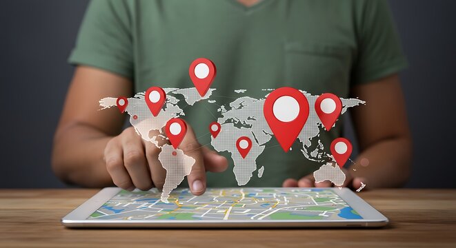 Person touching digital world map with location pins