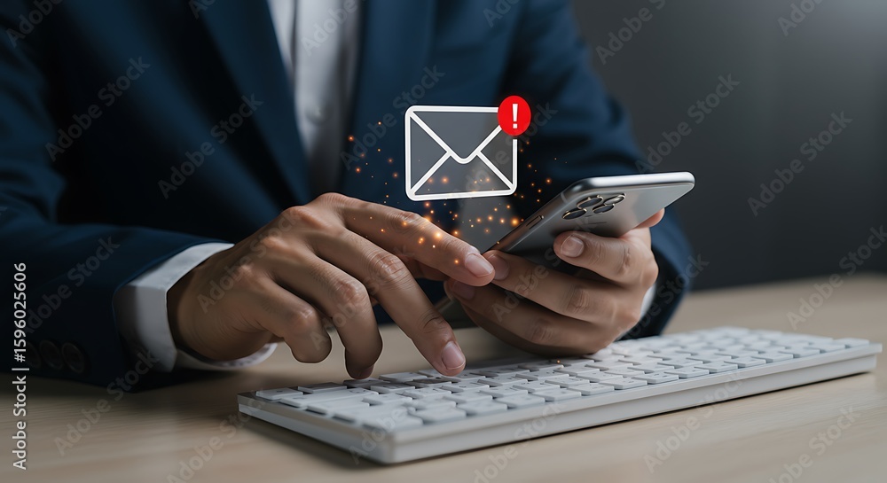 Poster man checking email on phone and typing notification