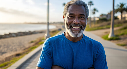 Smiling senior African American man enjoys a healthy active lifestyle near the beach on a sunny day feeling happy and healthy.