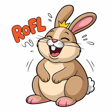 Clean and modern vector  cute cartoon laughing bunny rabbit with crown vector illustration rofl funny animal character design