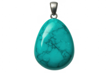 Polished turquoise pendant dangling from silver bail, floating against transparent surface