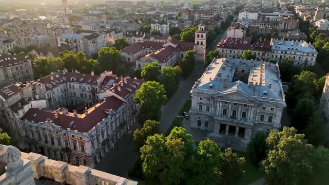Early morning shadows cast across rooftops in a classic city.