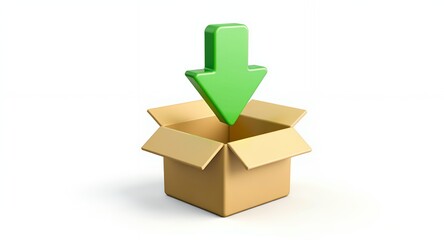 Obraz premium A 3D rendered image depicting a green downward-pointing arrow entering an open cardboard box. This image is ideal for illustrating concepts 